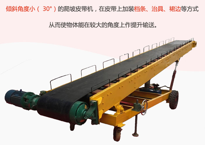 傾斜角度?。?30°）的爬坡皮帶機，在皮帶上加裝檔條、治具、裙邊等方式從而使物體能在較大的角度上作提升輸送。